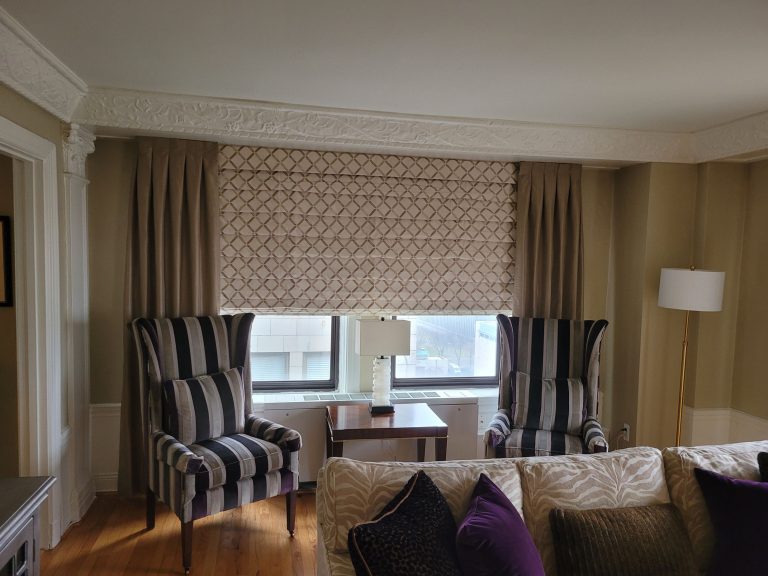 box pleated drapes and printed roman shades